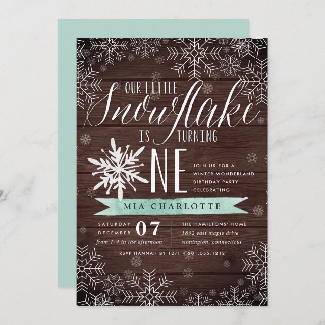 Little Snowflake Mint Rustic Wood First Birthday Invitation (Front/Back)