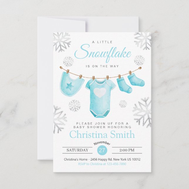 Little Snowflake On The Way Blue Baby Boy Shower Invitation (Front)