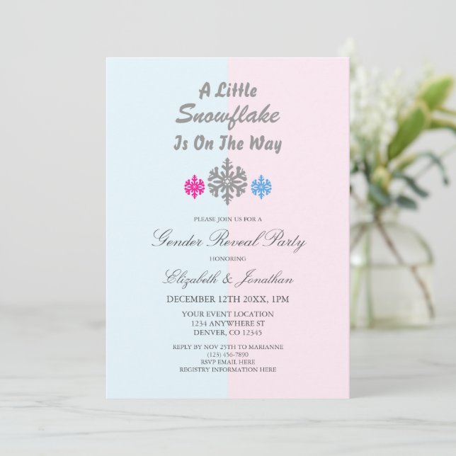 Little Snowflake On The Way Winter Gender Reveal Invitation (Standing Front)