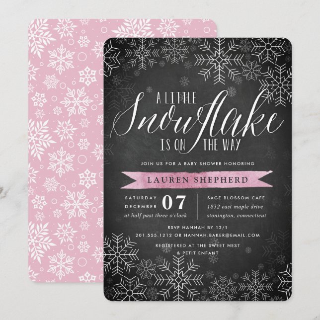 Little Snowflake Pink Chalkboard Baby Shower Invitation (Front/Back)