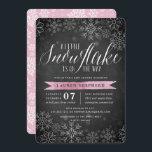 Little Snowflake Pink Chalkboard Baby Shower Invitation<br><div class="desc">Brrr! Frosty chic invitations for winter baby showers feature a white snowflake border on a rustic chalkboard background with baby pink watercolor accents. "A little snowflake is on the way" appears at the top in chic white calligraphy script lettering. Personalise with your baby girl shower details beneath using the template...</div>