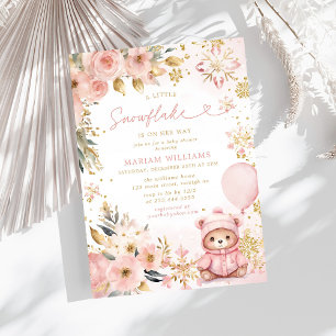 Little Snowflake Pink Floral Bear Baby Shower Invitation