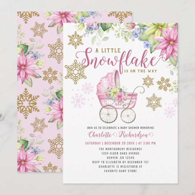 Little Snowflake Pink Floral Stroller Baby Shower Invitation (Front/Back)
