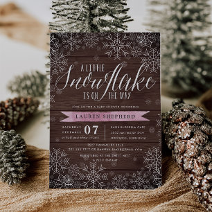 Little Snowflake Pink Rustic Wood Baby Shower Invitation
