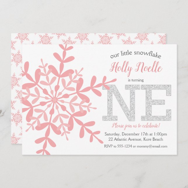Little Snowflake Pink Silver Glitter 1st Birthday Invitation (Front/Back)