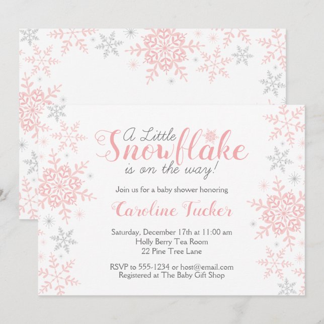 Little Snowflake Pink Silver Glitter Baby Shower Invitation (Front/Back)