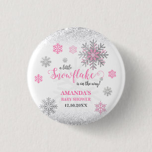 Little Snowflake Pink Silver Glittery Baby Shower 3 Cm Round Badge