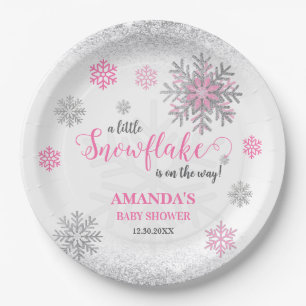 Little Snowflake Pink Silver Glittery Baby Shower  Paper Plate