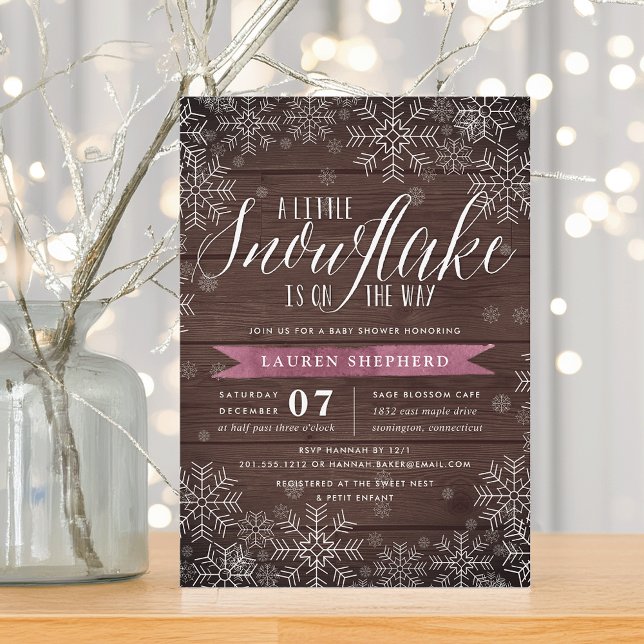 Little Snowflake Plum Rustic Wood Baby Shower Invitation (Creator Uploaded)