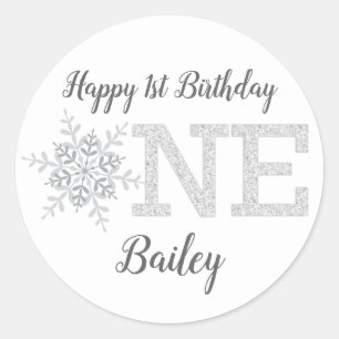 Little Snowflake Silver Glitter 1st Birthday Classic Round Sticker