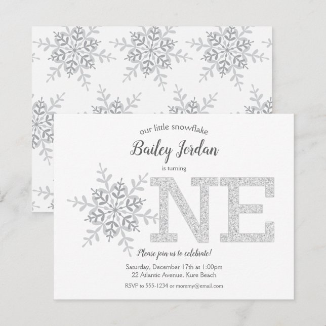 Little Snowflake Silver Glitter 1st Birthday Invitation (Front/Back)