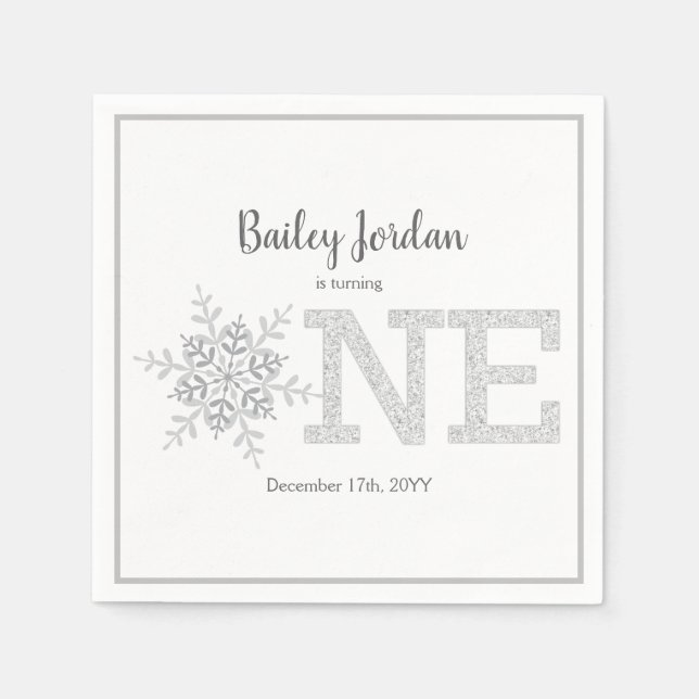 Little Snowflake Silver Glitter 1st Birthday Napkin (Front)
