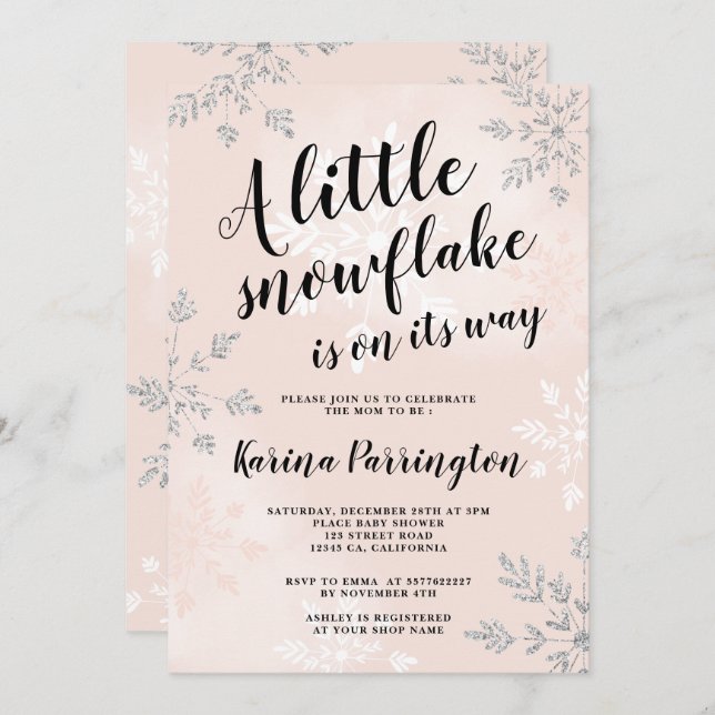Little snowflake silver pink script baby shower invitation (Front/Back)