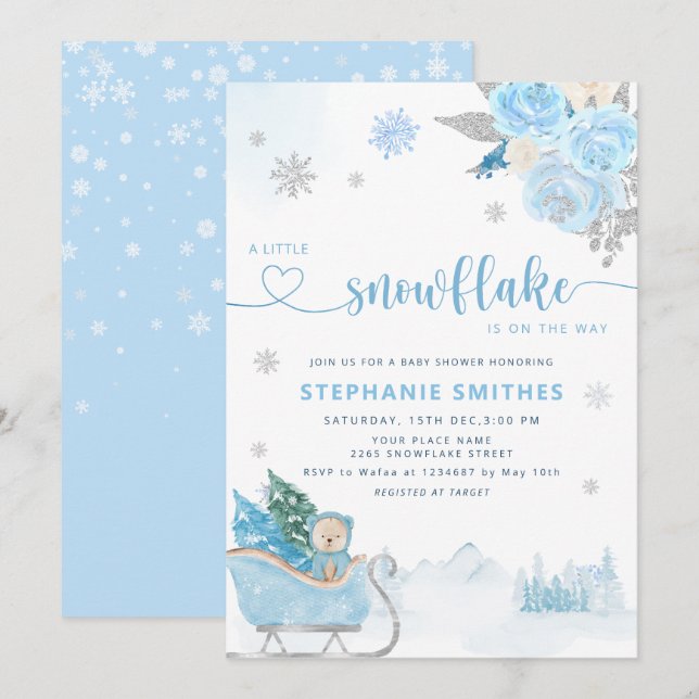 Little Snowflake Teddy Bear Winter Baby Shower Boy Invitation (Front/Back)
