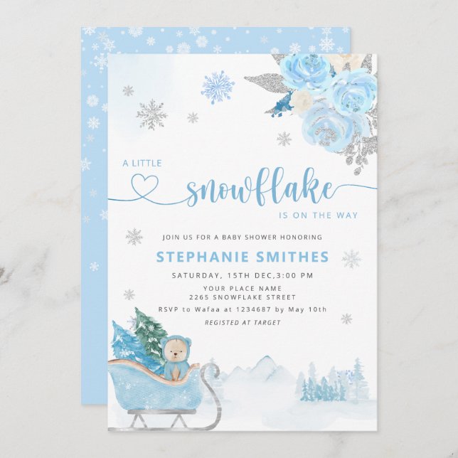 Little Snowflake Teddy Bear Winter Baby Shower Boy Invitation (Front/Back)