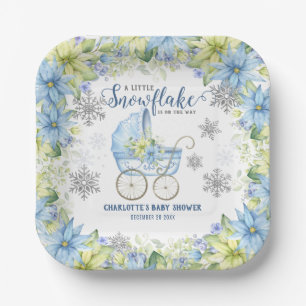 Little Snowflake Winter Floral Blue Baby Shower Paper Plate