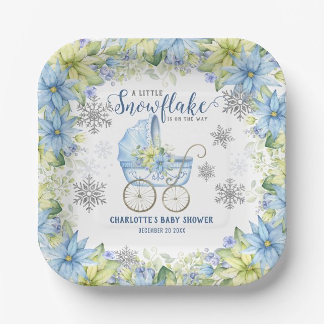 Little Snowflake Winter Floral Blue Baby Shower Paper Plate (Front)