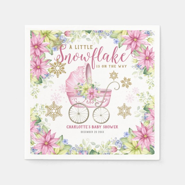Little Snowflake Winter Floral Pink Baby Shower Napkin (Front)
