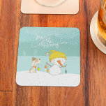 Little snowman and dog in christmas winter scene coaster<br><div class="desc">Cute little dog decorates a snowman. For a little fun at christmas time. Enjoy your drink with this fun christmas coasters.</div>