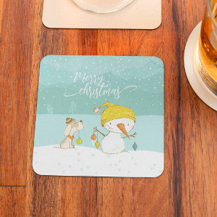 Little snowman and dog in christmas winter scene coaster