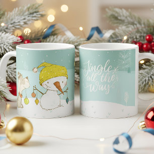 Little snowman and dog in christmas winter scene coffee mug