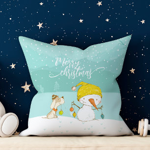 Little snowman and dog in christmas winter scene cushion