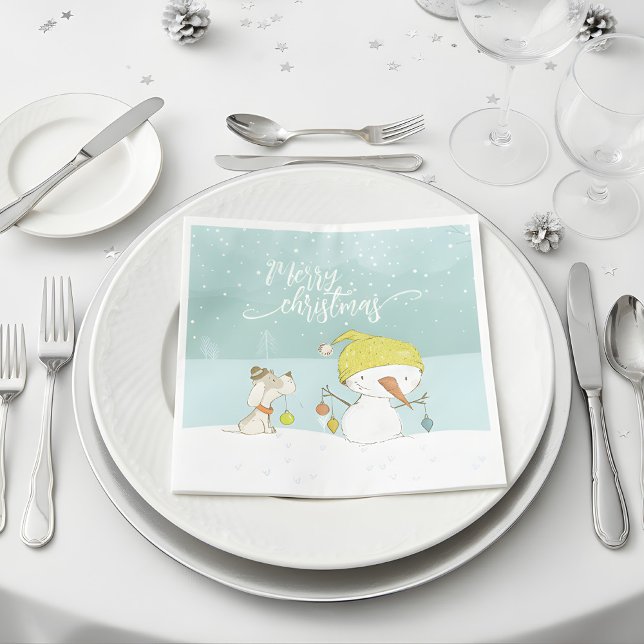 Little snowman and dog in christmas winter scene napkin (little snowman napkins)