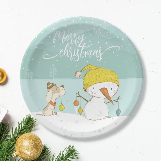 Little snowman and dog in christmas winter scene paper plate (Creator Uploaded)