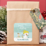 Little snowman and dog in christmas winter scene square sticker<br><div class="desc">Cute little dog decorates a snowman. Add a little fun to your christmas wrapping.</div>