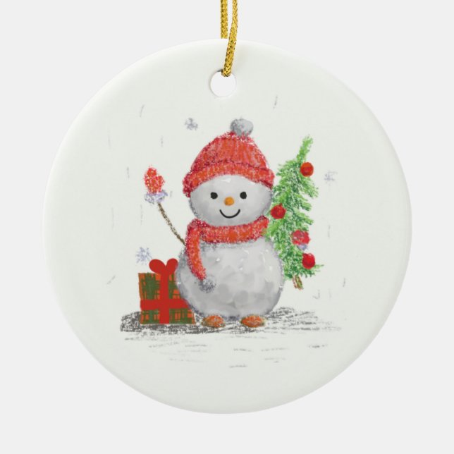 little snowman with the christmas tree ceramic tree decoration (Front)
