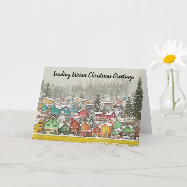 Little Snowy Village Art Christmas Holiday Card (Small Plant)