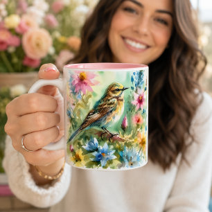 Little Songbird Watercolor Bird & Floral Two-Tone Coffee Mug