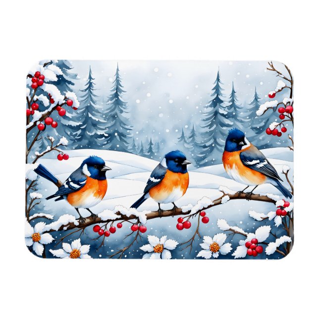 Little Songbirds in a Snowy Landscape Christmas Magnet (Horizontal)