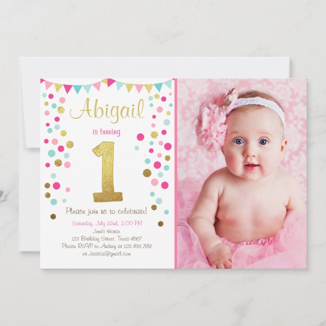 Little sparkle pink gold mint birthday invitation (Front)