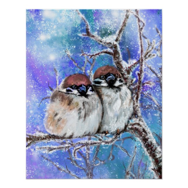 Little Sparrows Couple In Winter Poster Painting (Front)