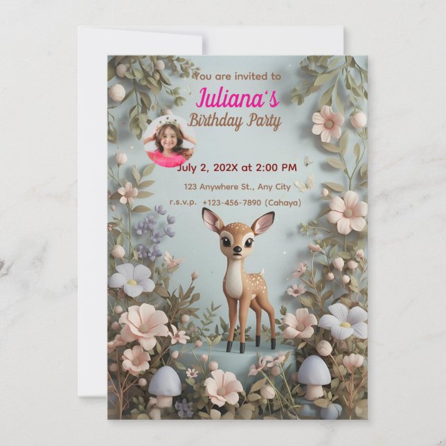 Little Spotted Deer Woodland Birthday Invitation – (Front)