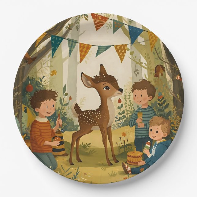 Little Spotted Deer Woodland Birthday Party Paper  Plate (Front)