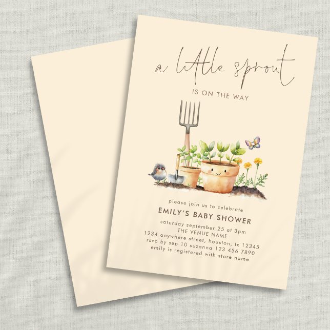 Little Sprout Garden Beige Baby Shower  Invitation (Frotn and back view)