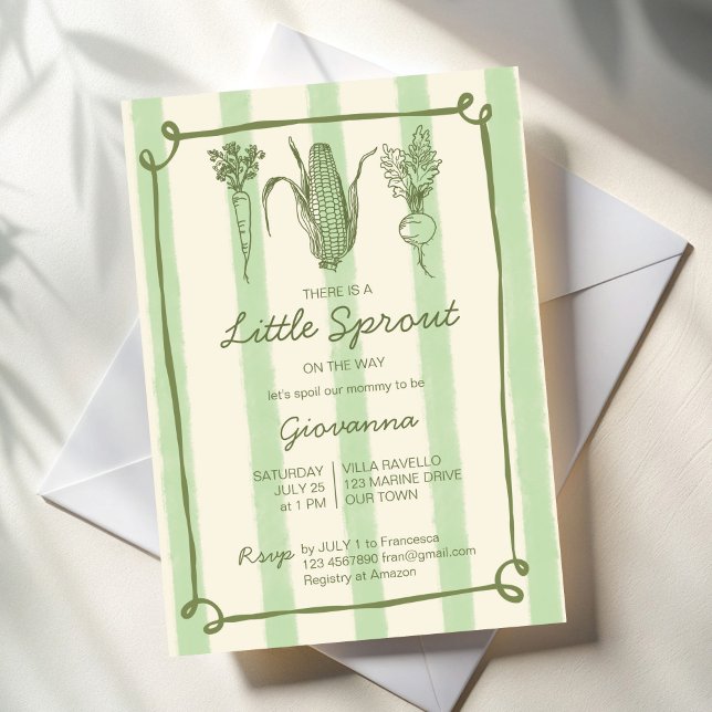 Little sprout is on the way stripped Baby Shower Invitation (Little sprout is on the way farmers marked stripped vintage Baby Shower Invitation cards template)