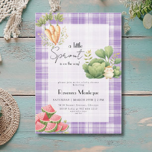 Little Sprout Purple Gingham Veggie Baby Shower Invitation
