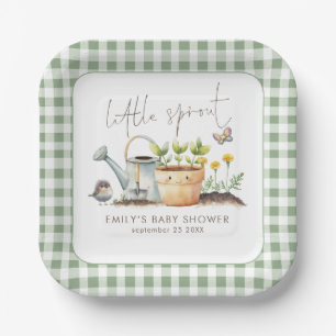 Little Sprout Sage Gingham Garden Baby Shower Paper Plate