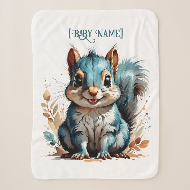 Little Squirrel Blue Personalised Sherpa Blanket (Front)