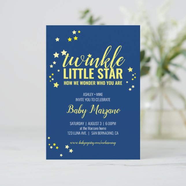 little star BABY SHOWER or SIP & SEE yellow navy I Invitation (Standing Front)