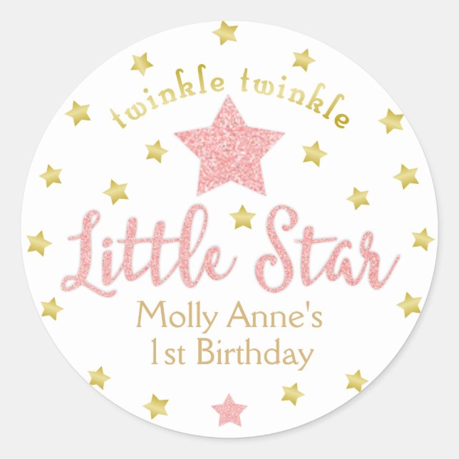Little Star Birthday Girl Pink Glitter Gold Classic Round Sticker (Front)