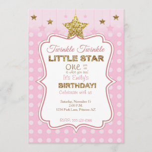 Little Star birthday invitation in pink and gold