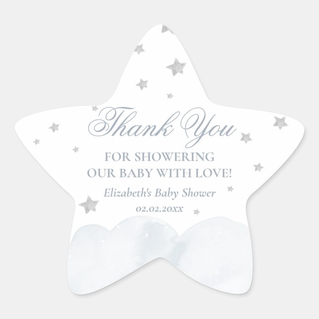 Little Star Grey Blue Baby Shower Thank You Sticker (Front)