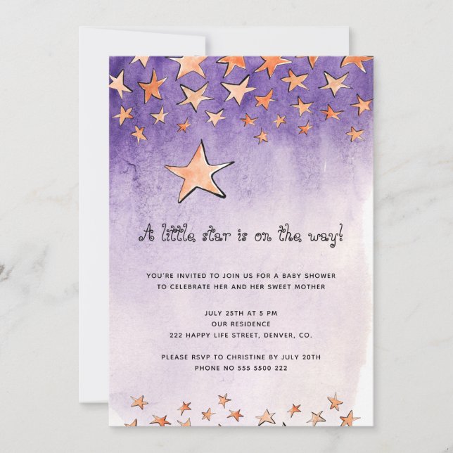 Little star on the way watercolor baby shower invitation (Front)