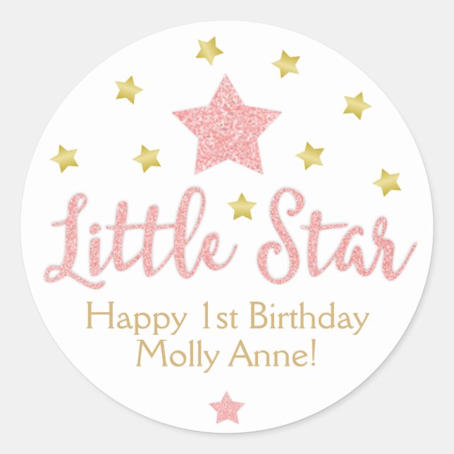 Little Star Pink Glitter & Gold Birthday Classic Round Sticker (Front)