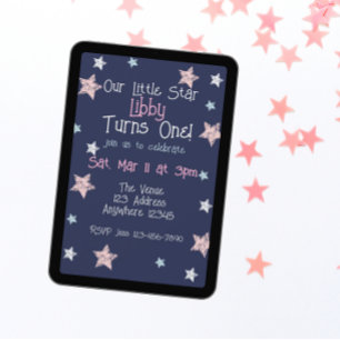 Little Star Turns One Pink Blue White 1st Birthday Invitation