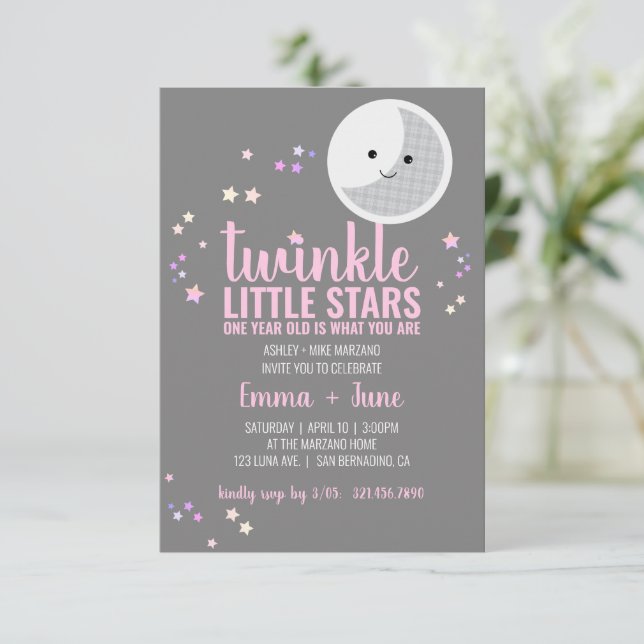 little stars GIRL twins 1st BIRTHDAY PARTY Invitation (Standing Front)